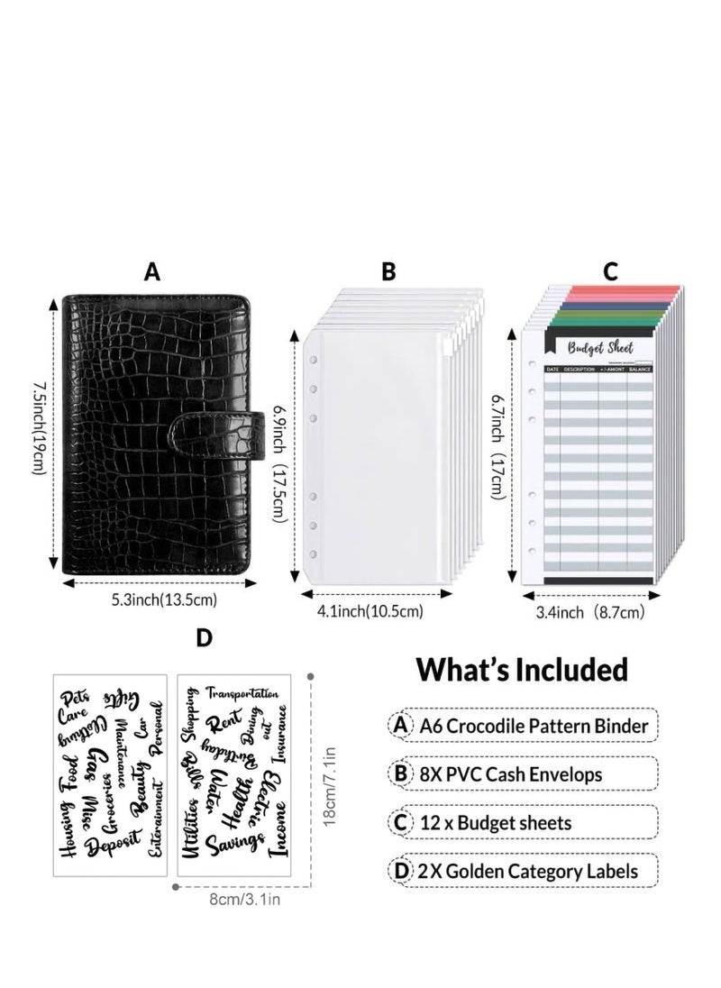 Y&D Budget Binder with 8pcs Cash Envelopes for Budgeting, Crocodile Pattern A6 2Pcs Label Stickers and 12Pcs Expense Trackers Money Organizer Saving Binder(Black)  - Image 4