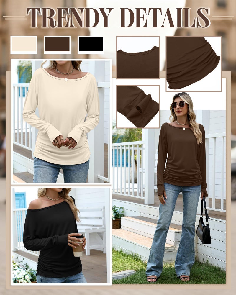 Huukeay 3 Pack Off The Shoulder Boat Neck Tops for Women, Long Sleeve Thumbhole Side Ruched Shirts Loose Causal Tunic Tees(Cream, Brown, Black,Medium) - Image 5