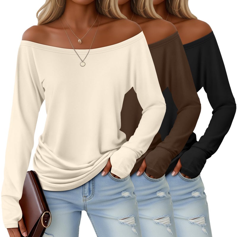 Huukeay 3 Pack Off The Shoulder Boat Neck Tops for Women, Long Sleeve Thumbhole Side Ruched Shirts Loose Causal Tunic Tees(Cream, Brown, Black,Medium) - Image 1