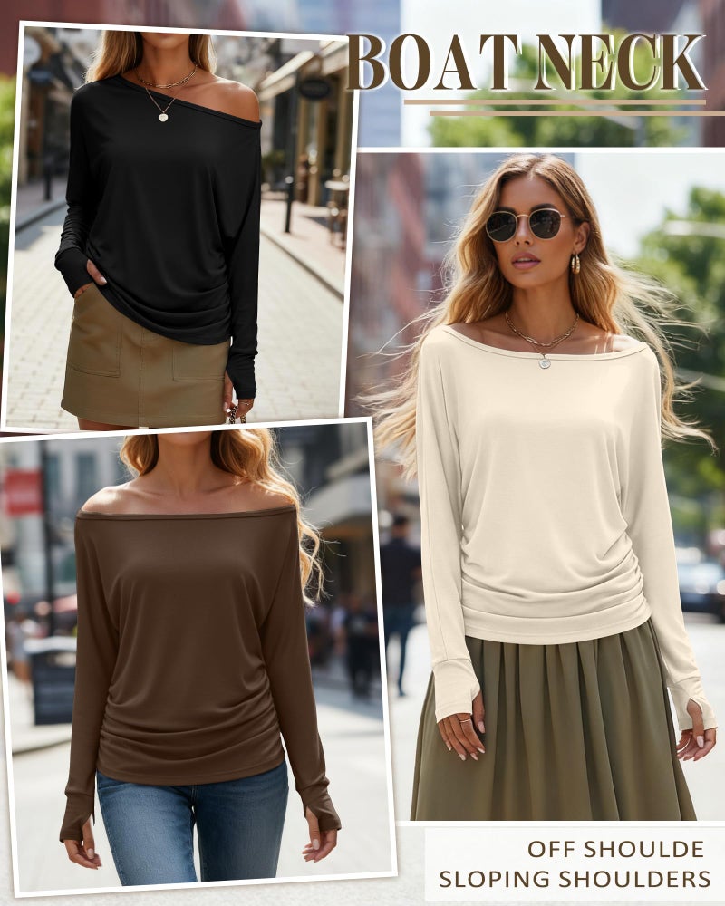 Huukeay 3 Pack Off The Shoulder Boat Neck Tops for Women, Long Sleeve Thumbhole Side Ruched Shirts Loose Causal Tunic Tees(Cream, Brown, Black,Medium) - Image 2