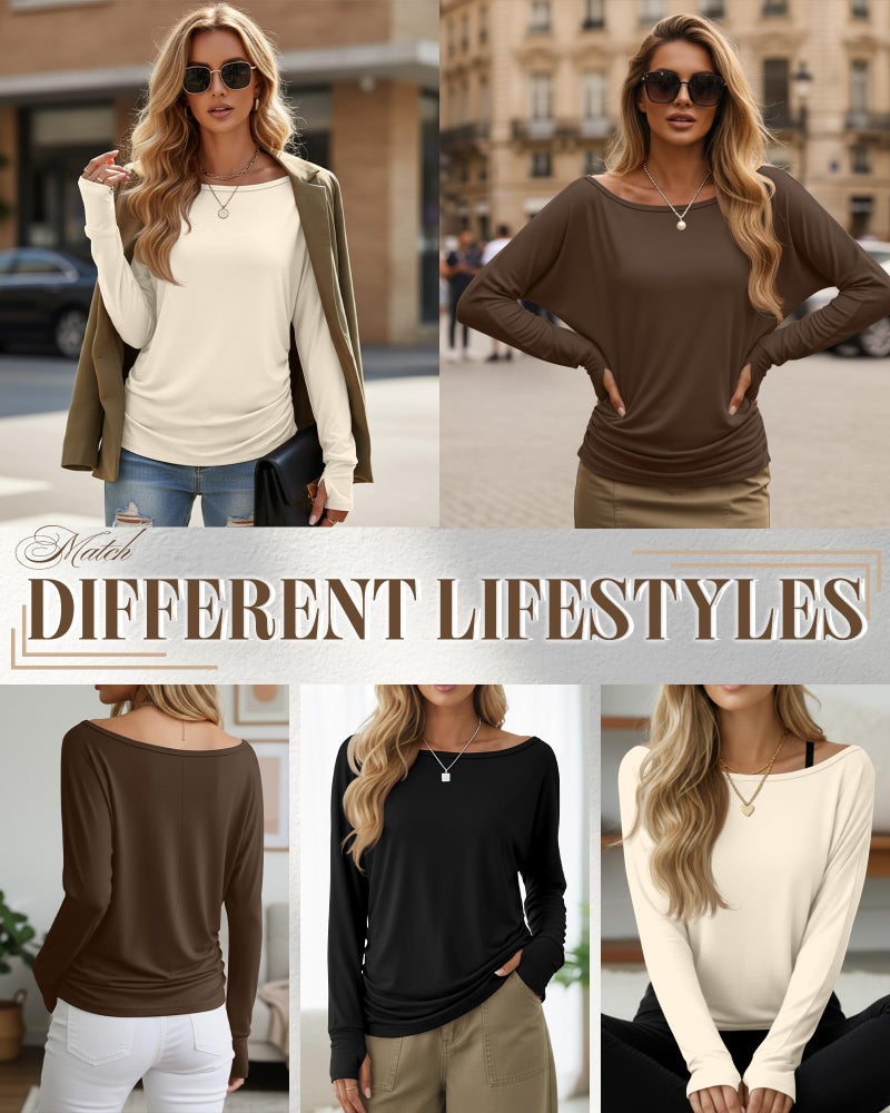 Huukeay 3 Pack Off The Shoulder Boat Neck Tops for Women, Long Sleeve Thumbhole Side Ruched Shirts Loose Causal Tunic Tees(Cream, Brown, Black,Medium) - Image 3