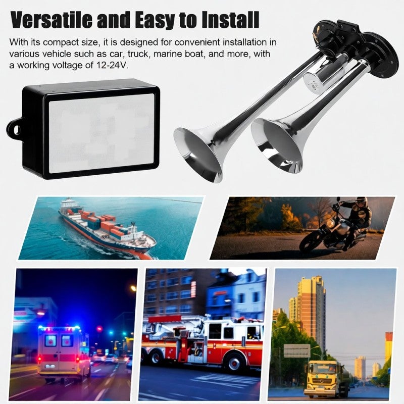 Dual Trumpet Air Horn 110dB Silver Zinc Alloy - Loud Clear Sound 12-Tone Controller Horn Kit for Car Truck Marine Boat - Image 4