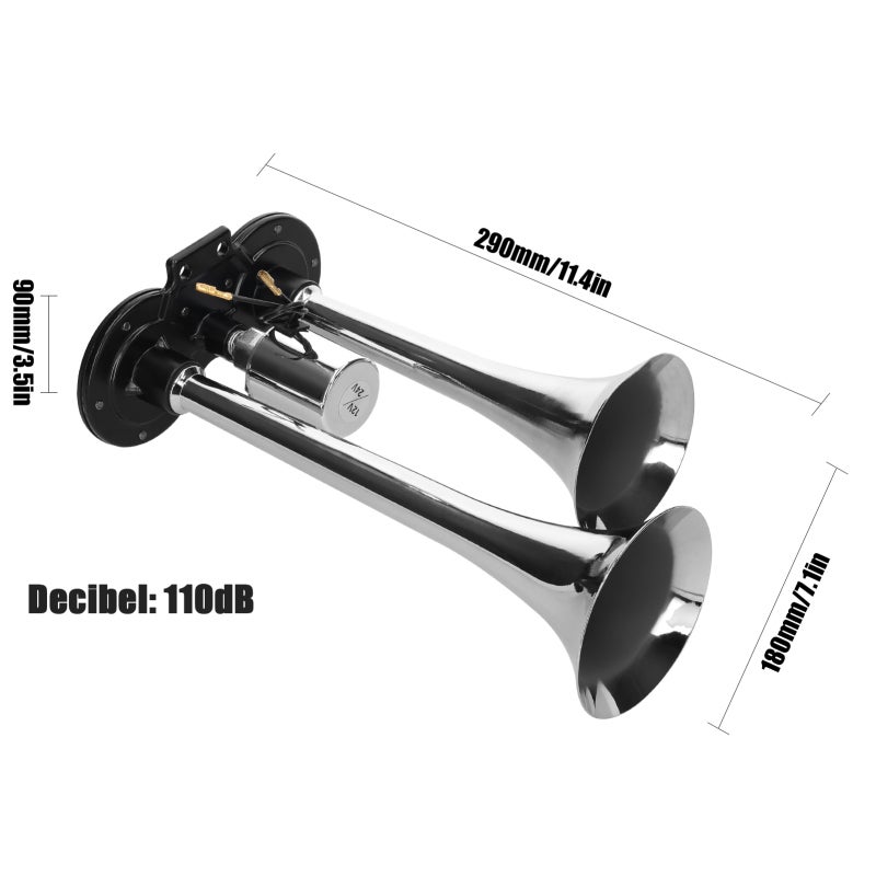 Dual Trumpet Air Horn 110dB Silver Zinc Alloy - Loud Clear Sound 12-Tone Controller Horn Kit for Car Truck Marine Boat - Image 2