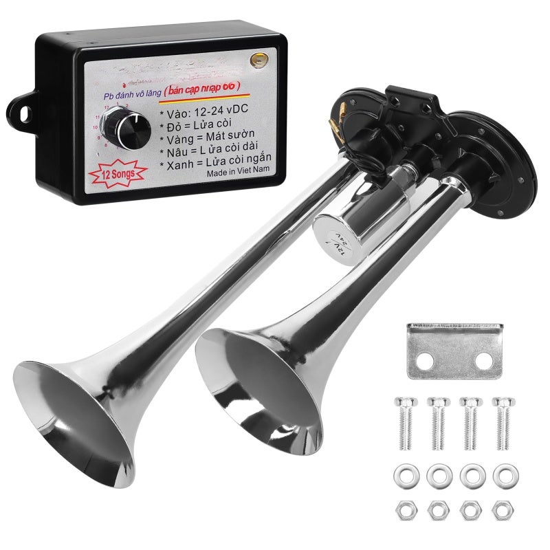 Dual Trumpet Air Horn 110dB Silver Zinc Alloy - Loud Clear Sound 12-Tone Controller Horn Kit for Car Truck Marine Boat - Image 1