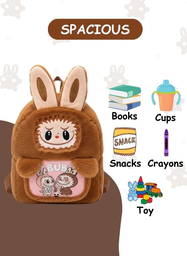 بريميم حقيبة ظهر لابوبو براون باني القطيفة للأطفال - حقيبة مدرسية ثلاثية الأبعاد محشوة ناعمة على شكل أرنب، حقيبة ظهر خفيفة الوزن ومريحة للأطفال الصغار ومرحلة ما قبل المدرسة - Image 4