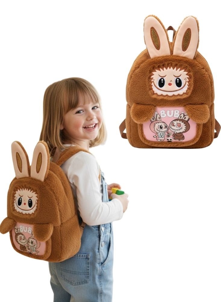 بريميم حقيبة ظهر لابوبو براون باني القطيفة للأطفال - حقيبة مدرسية ثلاثية الأبعاد محشوة ناعمة على شكل أرنب، حقيبة ظهر خفيفة الوزن ومريحة للأطفال الصغار ومرحلة ما قبل المدرسة - Image 1