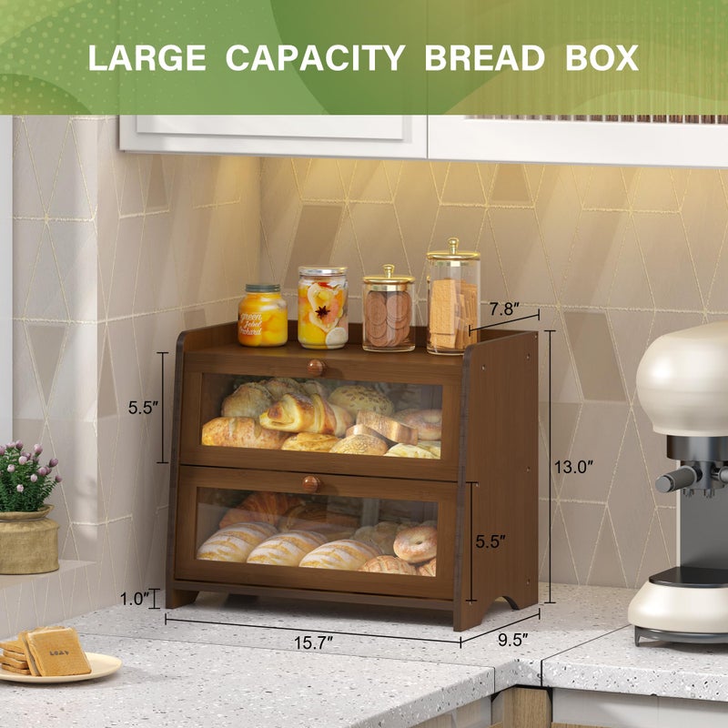 JANSNIMEN Double Layer Bread Box for Kitchen Countertop, Large Breadbox Bread Container Storage with Acrylic Door, Wooden Farmhouse Bread Holder (Brown, Medim-15.7" L x 9.5" W x 13" H) - Image 2