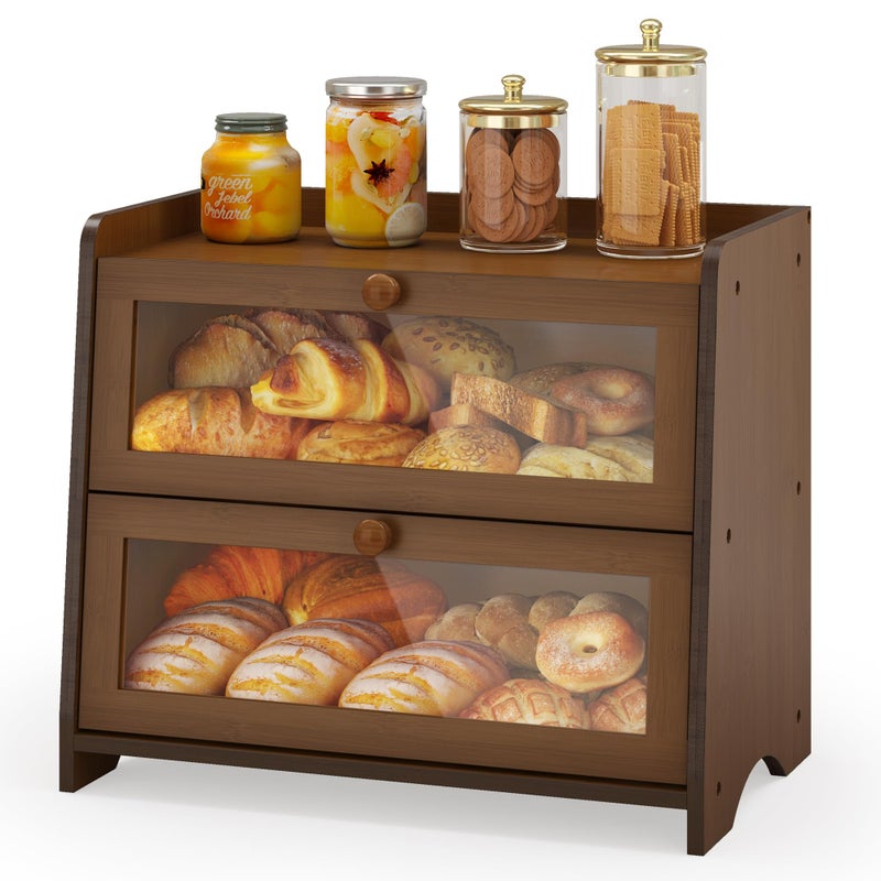 JANSNIMEN Double Layer Bread Box for Kitchen Countertop, Large Breadbox Bread Container Storage with Acrylic Door, Wooden Farmhouse Bread Holder (Brown, Medim-15.7" L x 9.5" W x 13" H) - Image 1