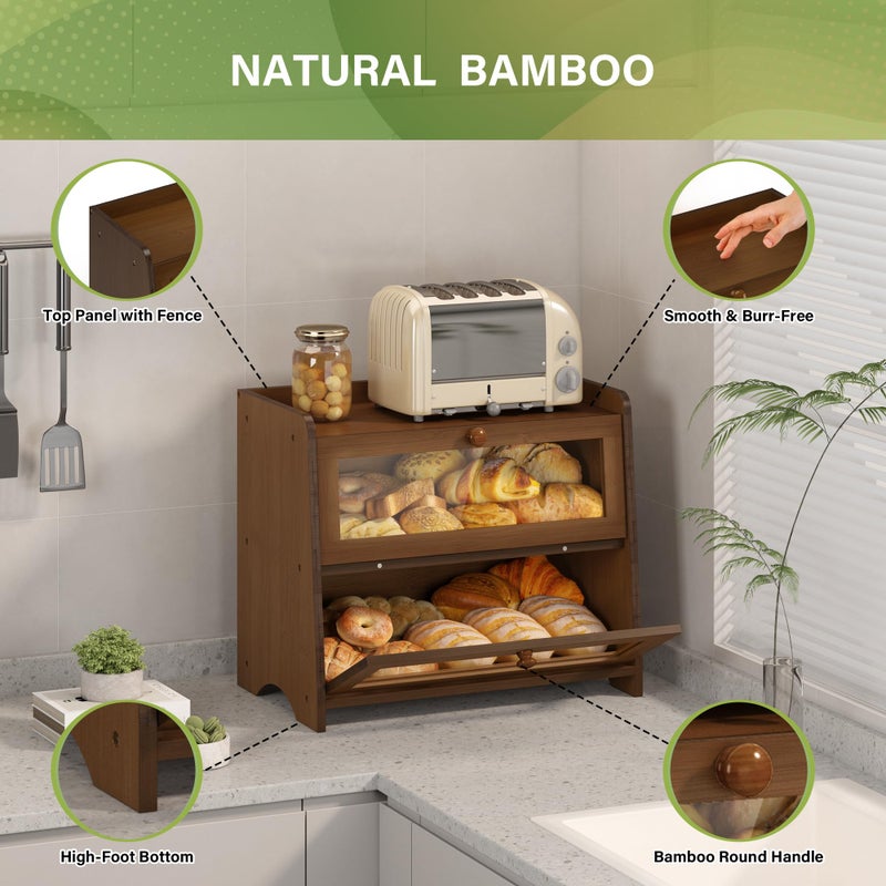 JANSNIMEN Double Layer Bread Box for Kitchen Countertop, Large Breadbox Bread Container Storage with Acrylic Door, Wooden Farmhouse Bread Holder (Brown, Medim-15.7" L x 9.5" W x 13" H) - Image 5
