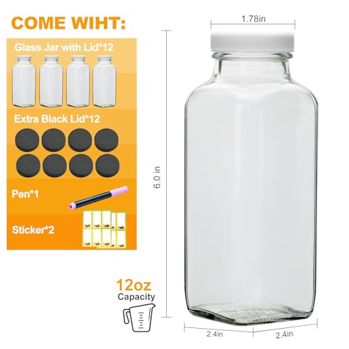 Brajttt Glass Juice Bottles with Lids, 12 OZ Juicing Bottles Reusable Glass, Set of 12 Square Beverage Containers Drinking Jars for Milk,Juice,Tea,Milkshake, Water,Honey,Jam - Image 2