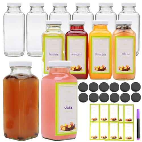 Brajttt Glass Juice Bottles with Lids, 12 OZ Juicing Bottles Reusable Glass, Set of 12 Square Beverage Containers Drinking Jars for Milk,Juice,Tea,Milkshake, Water,Honey,Jam - Image 1