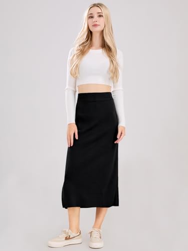 ebossy Women's Winter Warm High Waist Side Slit Wool Blend Long Skirts Rib Knit Stretchy Bodycon Pencil Skirt (Medium, Backslit-Black) - Image 2