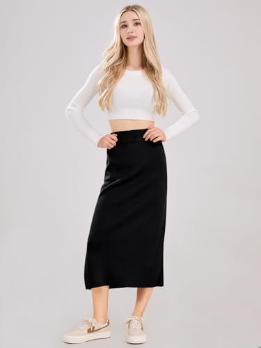ebossy Women's Winter Warm High Waist Side Slit Wool Blend Long Skirts Rib Knit Stretchy Bodycon Pencil Skirt (Medium, Backslit-Black) - Image 3