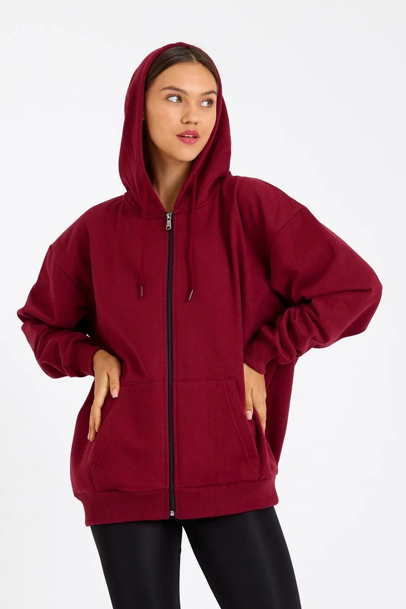 mmetalic Kangaroo Pocket Hooded Zippered Fleece Inside Claret Red Women's Cardigan