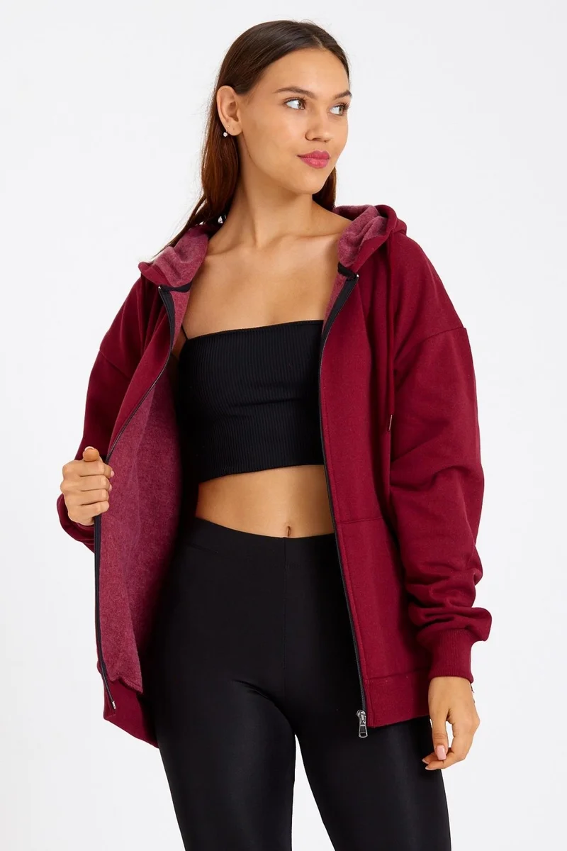 mmetalic Kangaroo Pocket Hooded Zippered Fleece Inside Claret Red Women's Cardigan