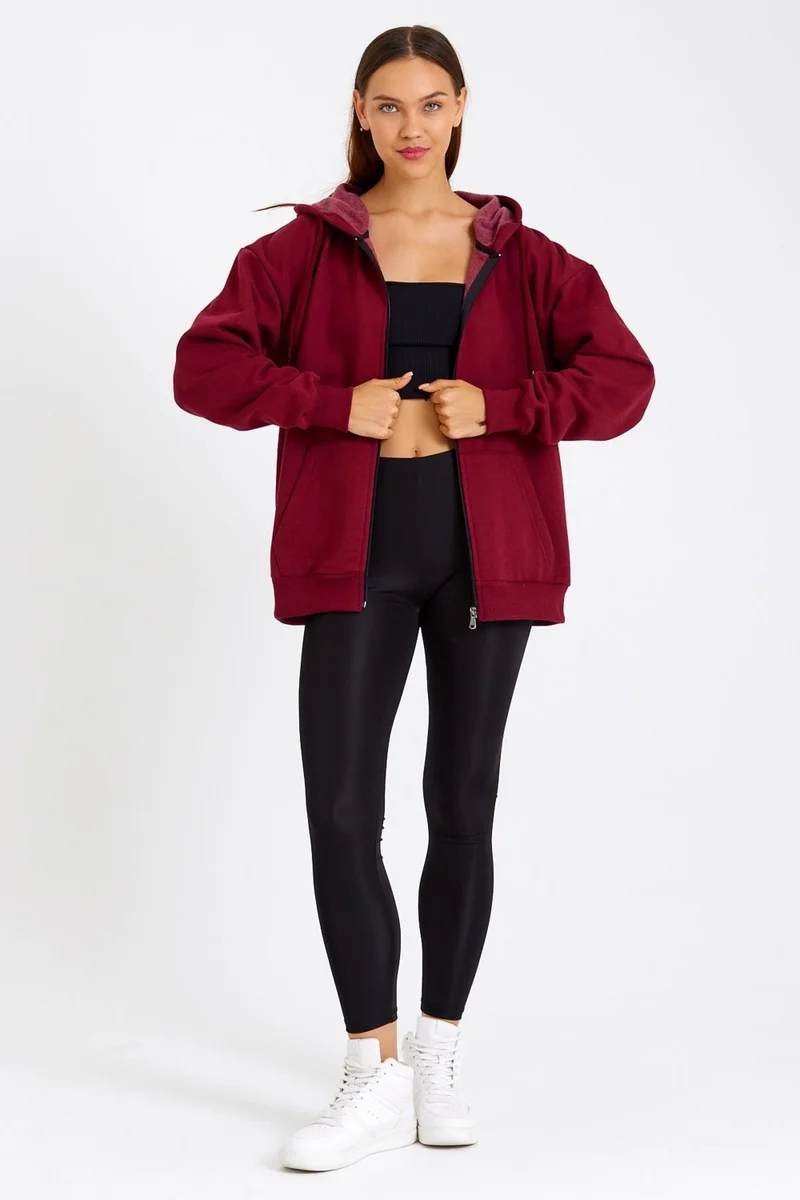 mmetalic Kangaroo Pocket Hooded Zippered Fleece Inside Claret Red Women's Cardigan