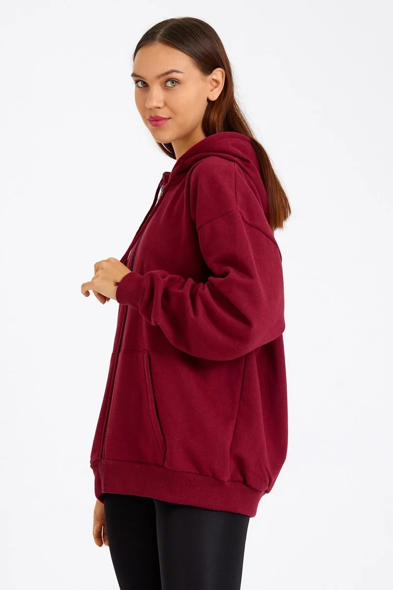 mmetalic Kangaroo Pocket Hooded Zippered Fleece Inside Claret Red Women's Cardigan