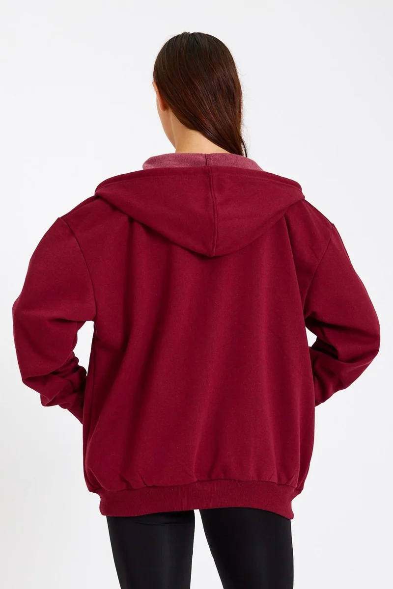 mmetalic Kangaroo Pocket Hooded Zippered Fleece Inside Claret Red Women's Cardigan