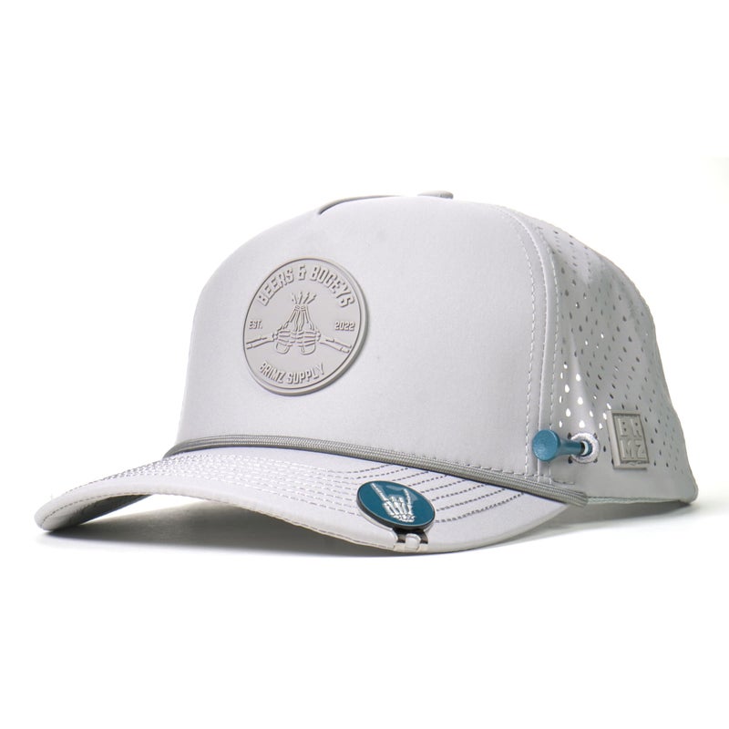BRIMZ Golf Performance Hat - Breathable Sweat & Water Resistant Golfing Snapback Cap with Tee Holder & Magnetic Ball Marker (Grey - Beers & Bogeys) - Image 1