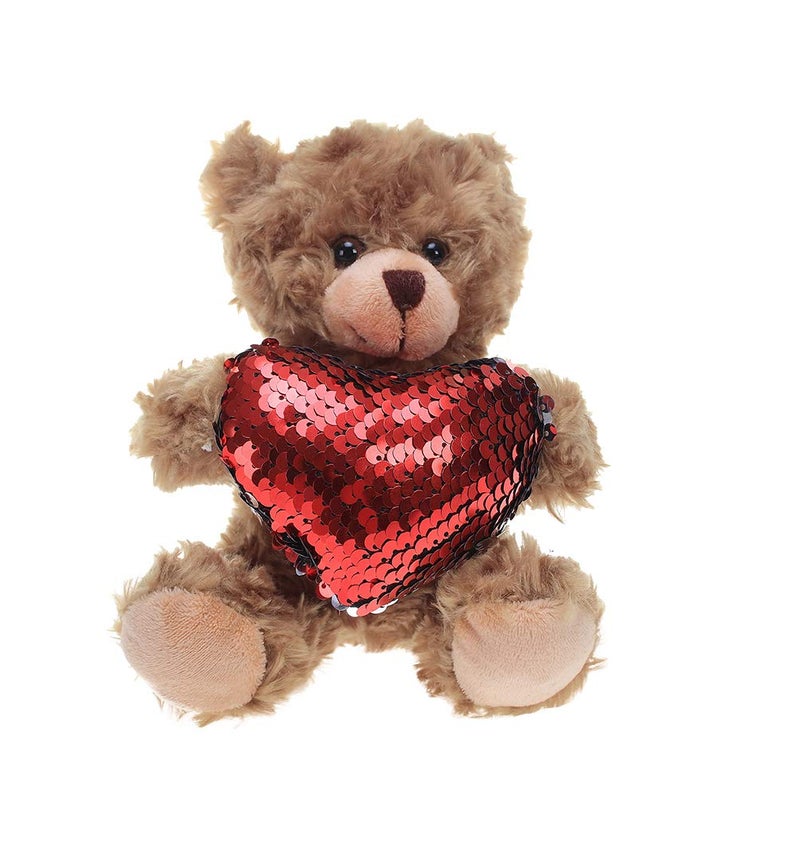 Plushland Stuffed Mocha Heart Bear - Plush Bear Toy for Kids & Adults - Embroidered Heart Pillow - Brown-6 inches (Red Heart) - Image 1