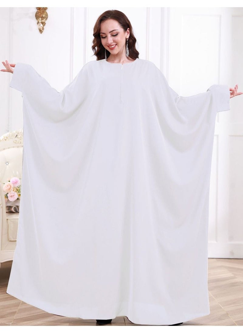 Loquat Women's Casual Solid Color Long Sleeves Abaya Full Length Batwing Sleeves Dress Liturgical Clothes Muslim White 