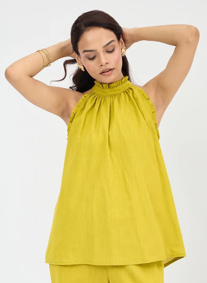 Femmella Citrine Green Cotton Halter Neck Top