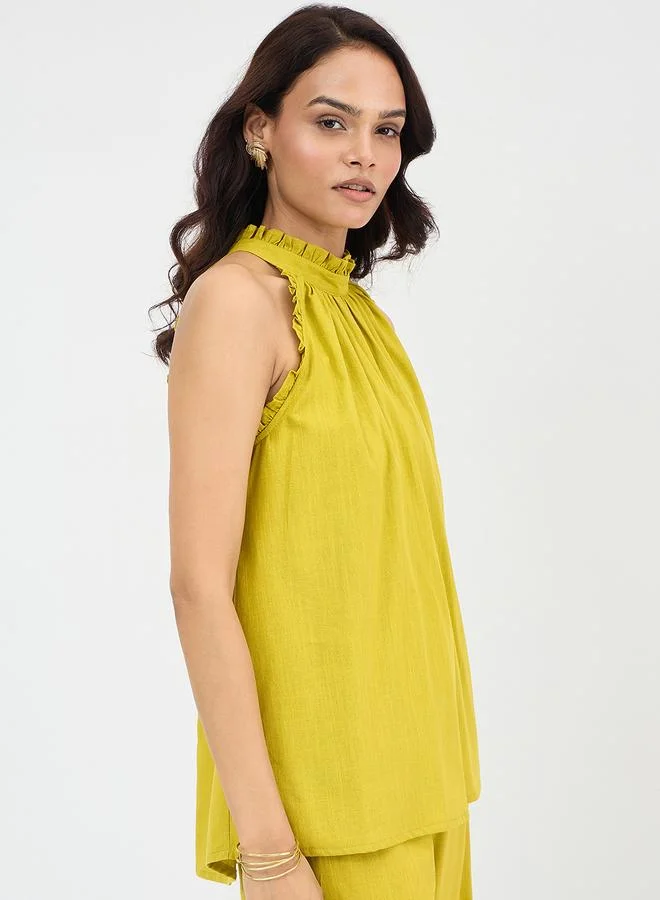Femmella Citrine Green Cotton Halter Neck Top