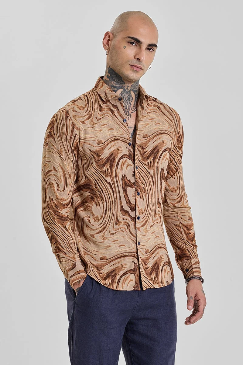 سنيتش Rich Brown Abstract Long Sleeve Slim Fit Shirt
