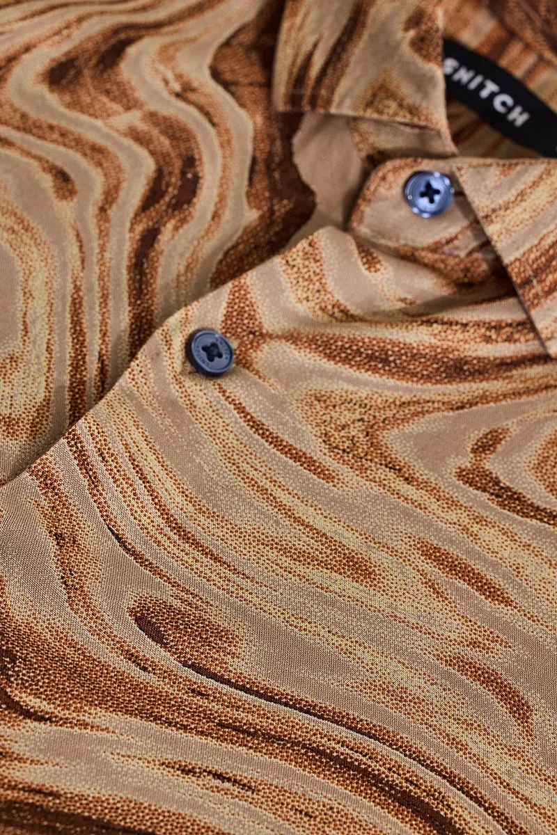 سنيتش Rich Brown Abstract Long Sleeve Slim Fit Shirt
