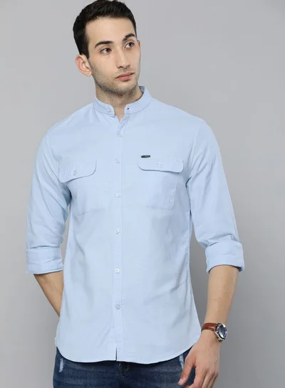 The Indian Garage Co Men Slim Fit Solid Full Sleeves Mandarin Collar Double Flap Pocket Casual Shirt