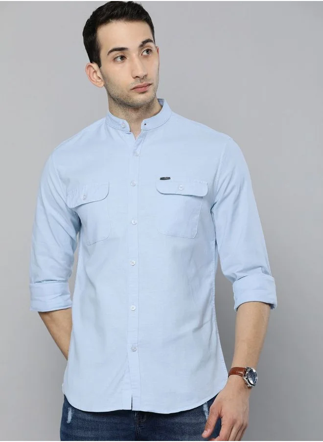 The Indian Garage Co Men Slim Fit Solid Full Sleeves Mandarin Collar Double Flap Pocket Casual Shirt