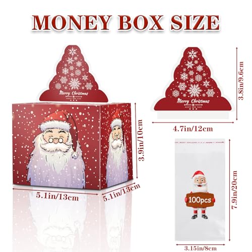 Jaywayang 2PCS Christmas Surprise Money Box for Cash Gift Merry Christmas Money Gift Box with Card and Cash Holder for Kids Adults DIY Fun Holiday Cash Box Includes 100Pcs Transparent BagsRed Green - Image 5