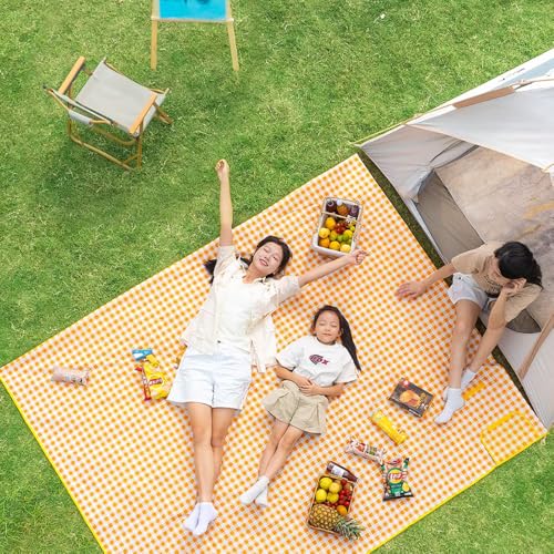 RUIBOLU Beach Blanket Large Picnic Blankets 80x60in Sandproof Beach Mat for 24 Adults Waterproof Quick Drying Outdoor Picnic Mat for Travel Camping Hiking Festival Park Lawn Yellow Plaids - Image 1