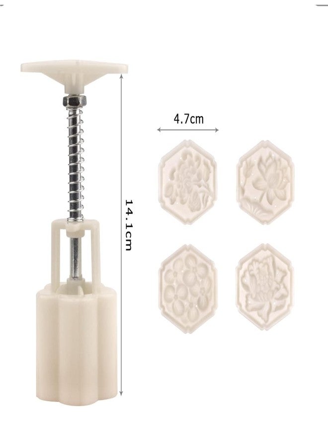 FOYWOTI Chinese flower moon cake press mold, hand pressed mooncake dessert DIY, moon cake puff pastry 1 mold with 4 stamps for various holidays, parties (4*hexagonal flower) - Image 2