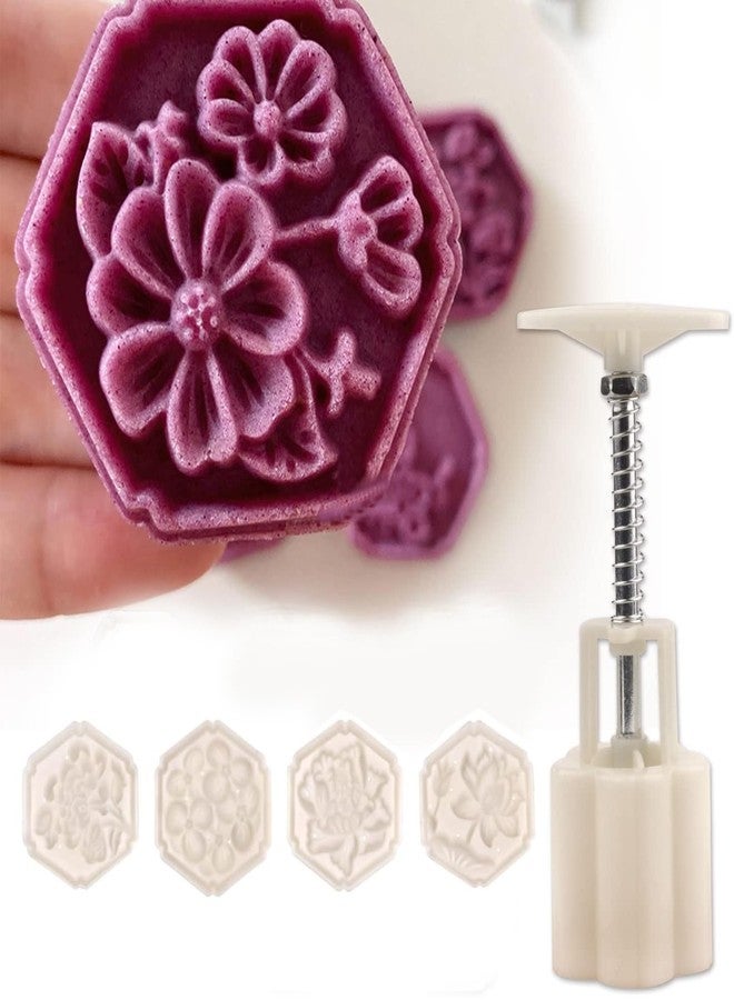 FOYWOTI Chinese flower moon cake press mold, hand pressed mooncake dessert DIY, moon cake puff pastry 1 mold with 4 stamps for various holidays, parties (4*hexagonal flower) - Image 3