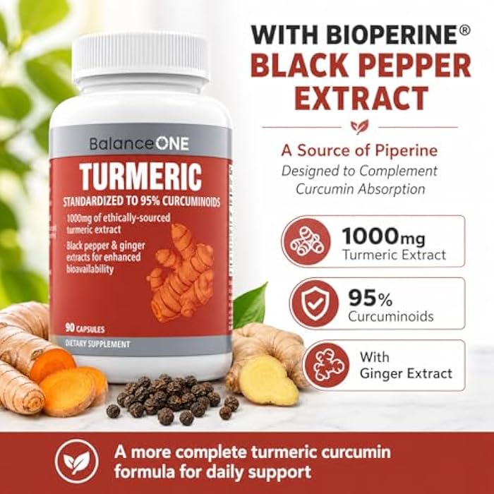 Balance ONE Turmeric Extract 1000mg - Turmeric Curcumin Supplement with 95% Curcuminoids, Black Pepper Piperine & Ginger - Joint Comfort & Antioxidant Support - Image 4