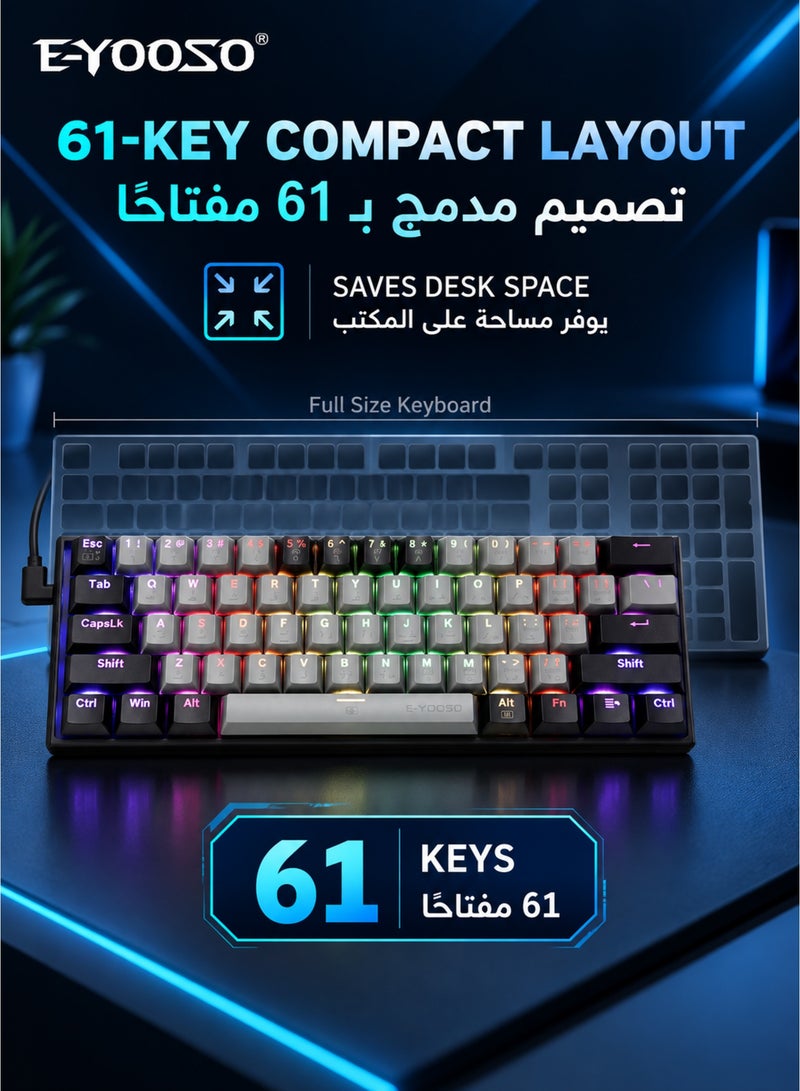 E-YOOSO Z-11 60% Wired Mechanical Gaming Keyboard with English & Arabic Layout, RGB Backlit, Ultra-Compact 61 Keys, Hot Swappable Red Switches for Windows, Mac, PS (Grey Black) - Image 3