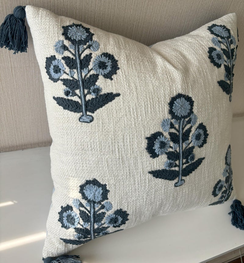 YugTex Hand Embroidered Pillow Cover - 20x20 Ivory Cotton Blue Floral Botanical - Russell Motif - Image 2