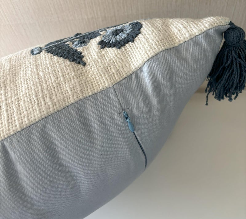 YugTex Hand Embroidered Pillow Cover - 20x20 Ivory Cotton Blue Floral Botanical - Russell Motif - Image 5