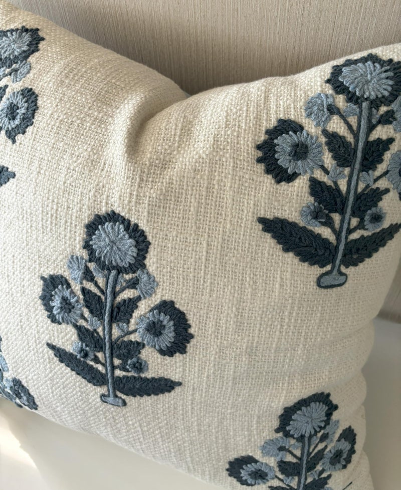 YugTex Hand Embroidered Pillow Cover - 20x20 Ivory Cotton Blue Floral Botanical - Russell Motif - Image 3