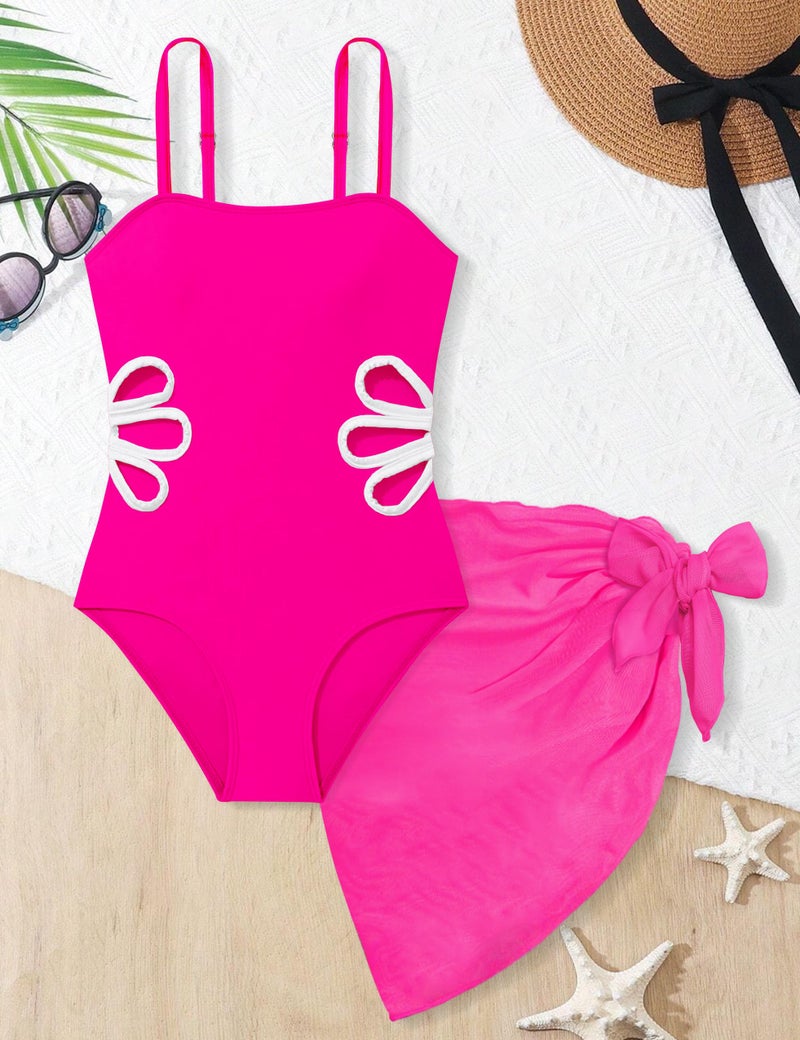 TALLWH Girls Bathing Suit Adjustable Straps Cut Out One Piece Swimsuit with Solid Color Cover Up Skirt 5t Bathing Suit Girls Swimsuits Size 6 - Image 5