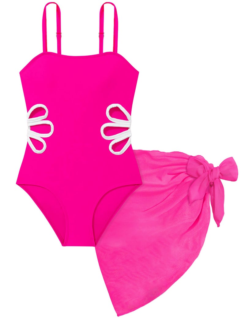 TALLWH Girls Bathing Suit Adjustable Straps Cut Out One Piece Swimsuit with Solid Color Cover Up Skirt 5t Bathing Suit Girls Swimsuits Size 6 - Image 1