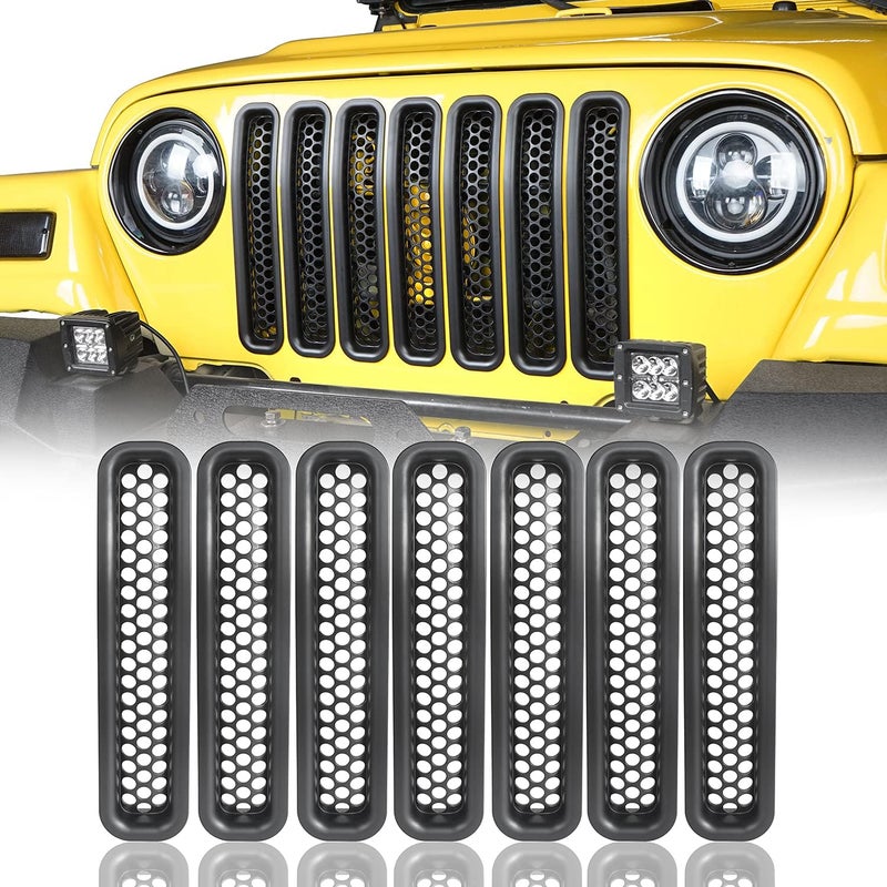 V8 GOD Front Grill Insert Mesh Grille Guards for Jeep TJ Wrangler 1997-2006 - Black, 7PCS - Image 1