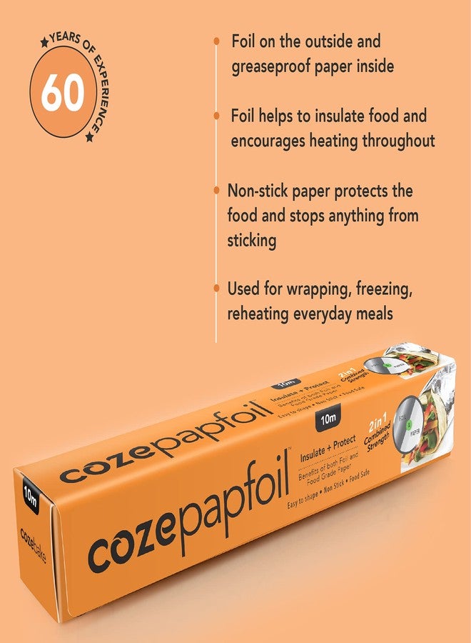 COZE ورق تغليف الطعام Coze Papfoil (طول 10 أمتار) 2 في 1: ورق ألومنيوم وورق تغليف طعام | يحمي ويعزل الطعام | عبوة من لفتين | آمن للاستخدام في الميكروويف بنسبة 100% حتى 220 درجة مئوية | آمن تمامًا للطعام، معتمد من إدارة الغذاء والدواء الأمريكية - Image 3