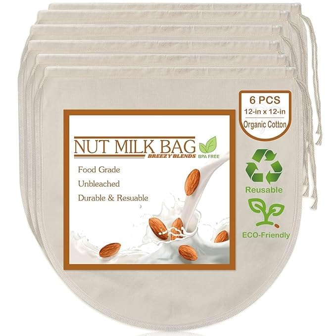 Breezy Blends حزم مزيج بيريزي 6 عبوات 12x12 أكياس حليب المكسرات 100 قطن عضوي غير مبيض قماش جبن قابلة لإعادة الاستخدام مصفاة طعام لصب حليب اللوز والشوفان والقهوة الباردة والزبادي وصنع الجبن - Image 1