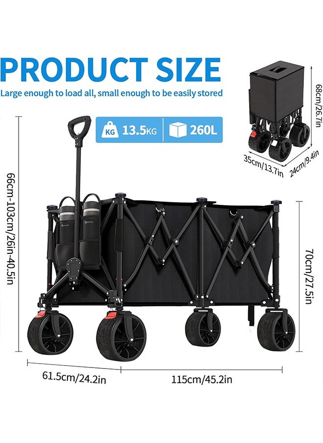 Yoawllty 260L Wagon Trolley, Collapsible Utility Heavy Duty Foldable Beach/Garden Transportation with 440lbs Weight Capacity, Outdoor Grocery Wagon with Adjustable Handle and Mesh Cup Holder and Brakes  - Image 2