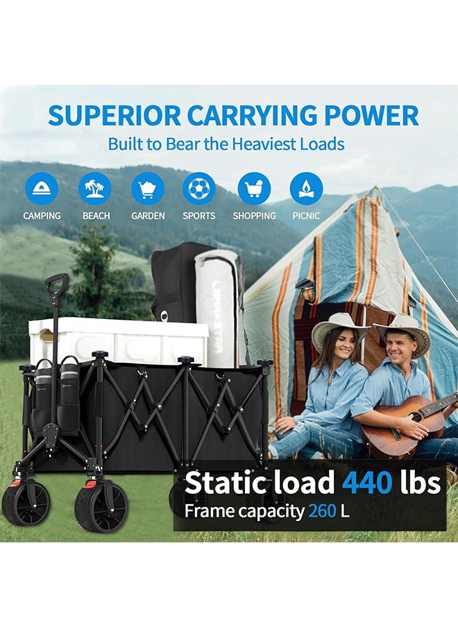 Yoawllty 260L Wagon Trolley, Collapsible Utility Heavy Duty Foldable Beach/Garden Transportation with 440lbs Weight Capacity, Outdoor Grocery Wagon with Adjustable Handle and Mesh Cup Holder and Brakes  - Image 3
