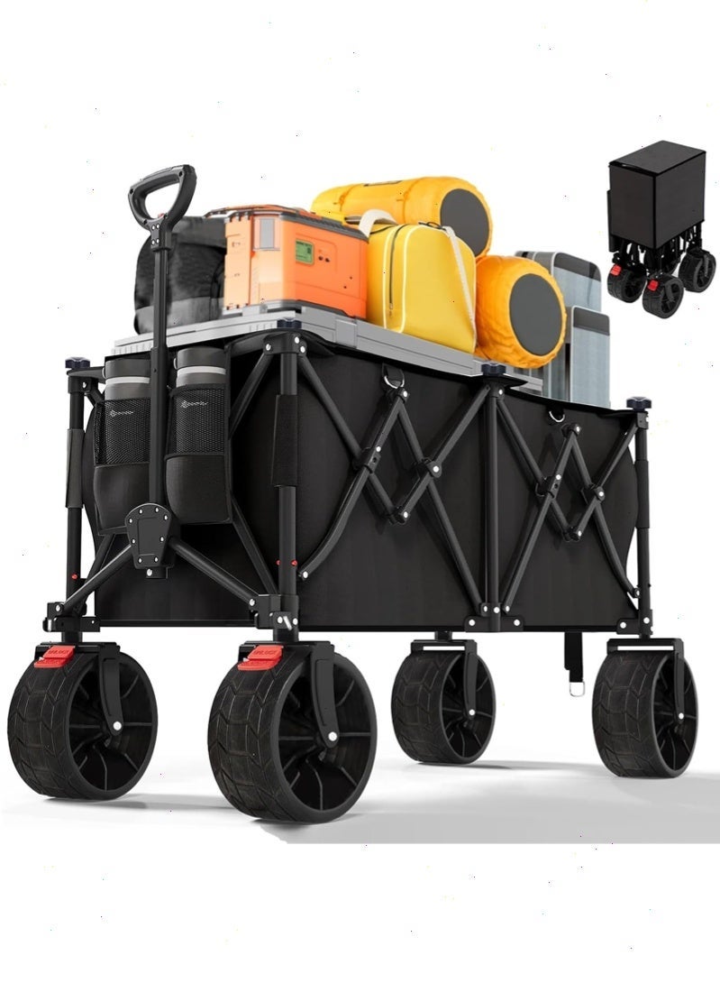 Yoawllty Wagon Trolley, Foldable 260L Outdoor Wagon with 440lbs Weight Capacity, Transportation Wagon with Adjustable Handle and Mesh Cup Holder and Brakes - Image 1
