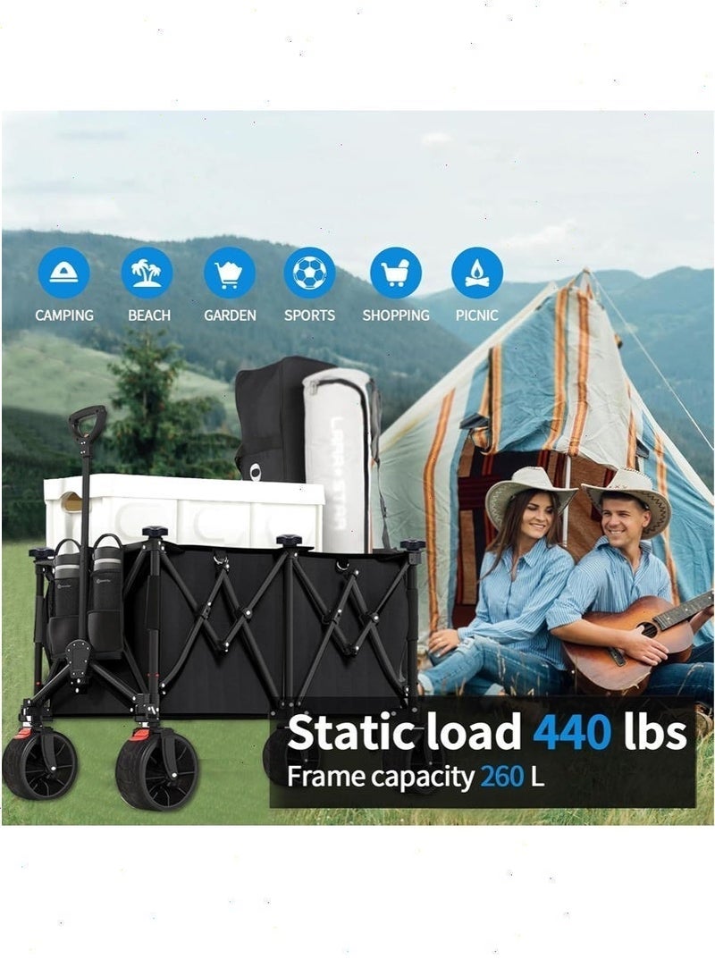 Yoawllty Wagon Trolley, Foldable 260L Outdoor Wagon with 440lbs Weight Capacity, Transportation Wagon with Adjustable Handle and Mesh Cup Holder and Brakes - Image 4