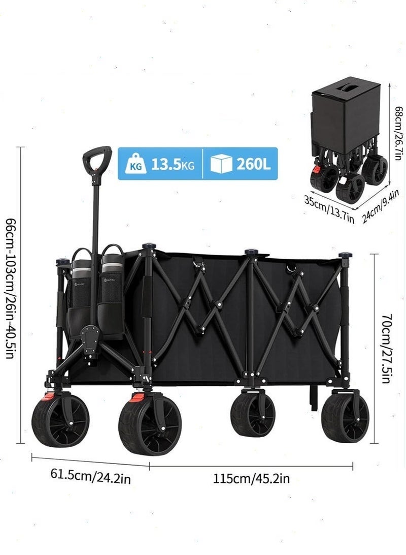 Yoawllty Wagon Trolley, Foldable 260L Outdoor Wagon with 440lbs Weight Capacity, Transportation Wagon with Adjustable Handle and Mesh Cup Holder and Brakes - Image 2